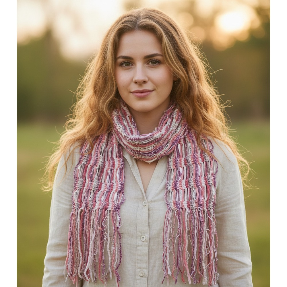 Women's‎ Pink Purple Long Scarf Ribbon Fringe Boho Cottage Coquette Soft Girl
